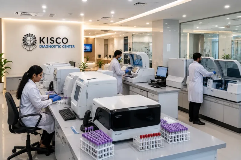 Laboratory staff working with automated analysers at KISCO